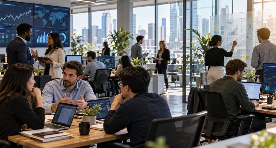 Market analysts reviewing digital asset charts in a newsroom office