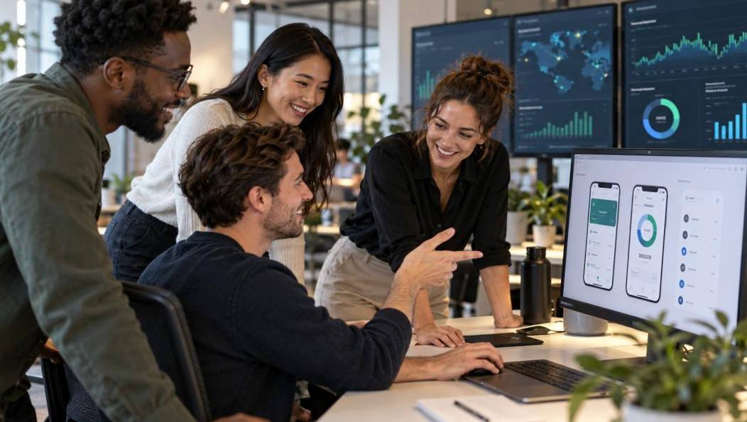 Product team examining a financial technology interface